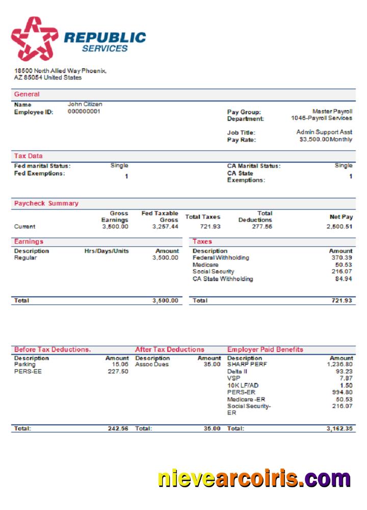 USA Republic Services waste management company pay stub